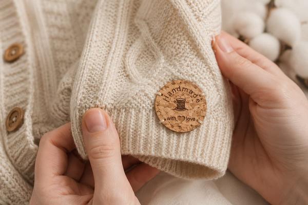 Pyöreä korkkimerkki "Handmade with love" ommeltuna kermanväriseen neuleeseen.